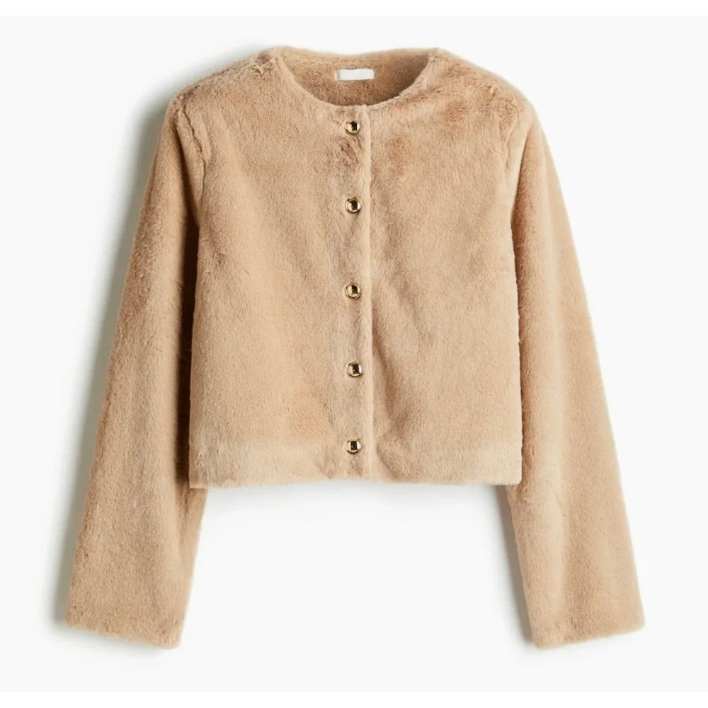 H&M Faux Fur Jacket Womens Medium Beige Cropped Teddy Plush Glam Coat Cardigan